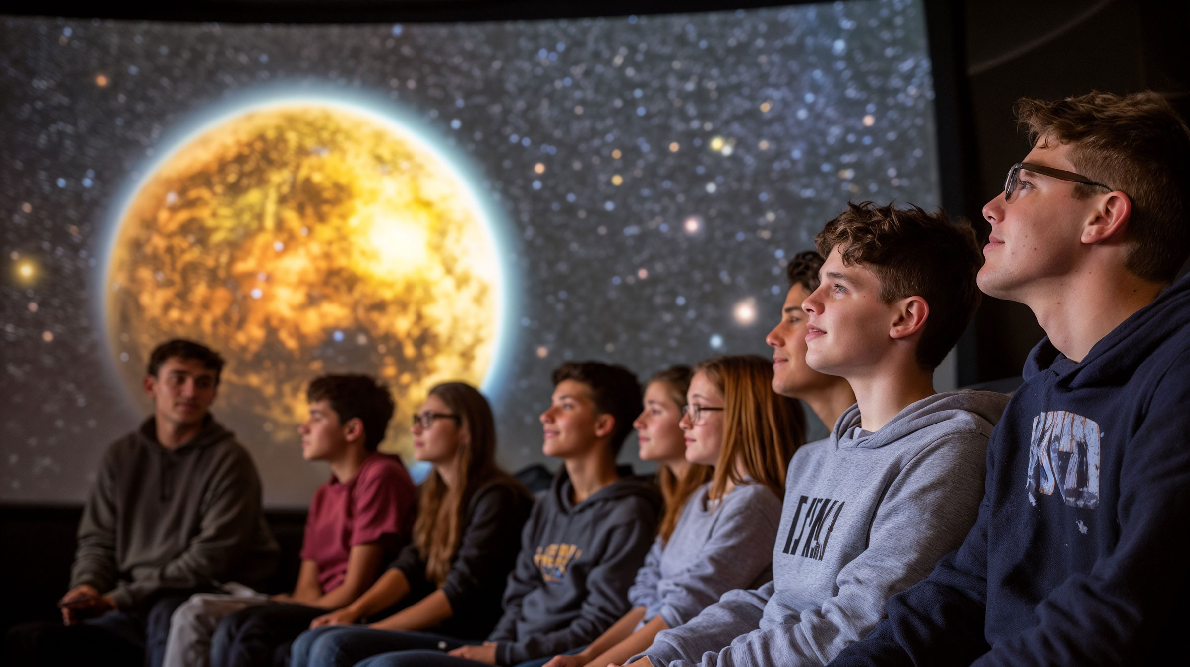 Group of Students Watching Solar Projection in Planetarium