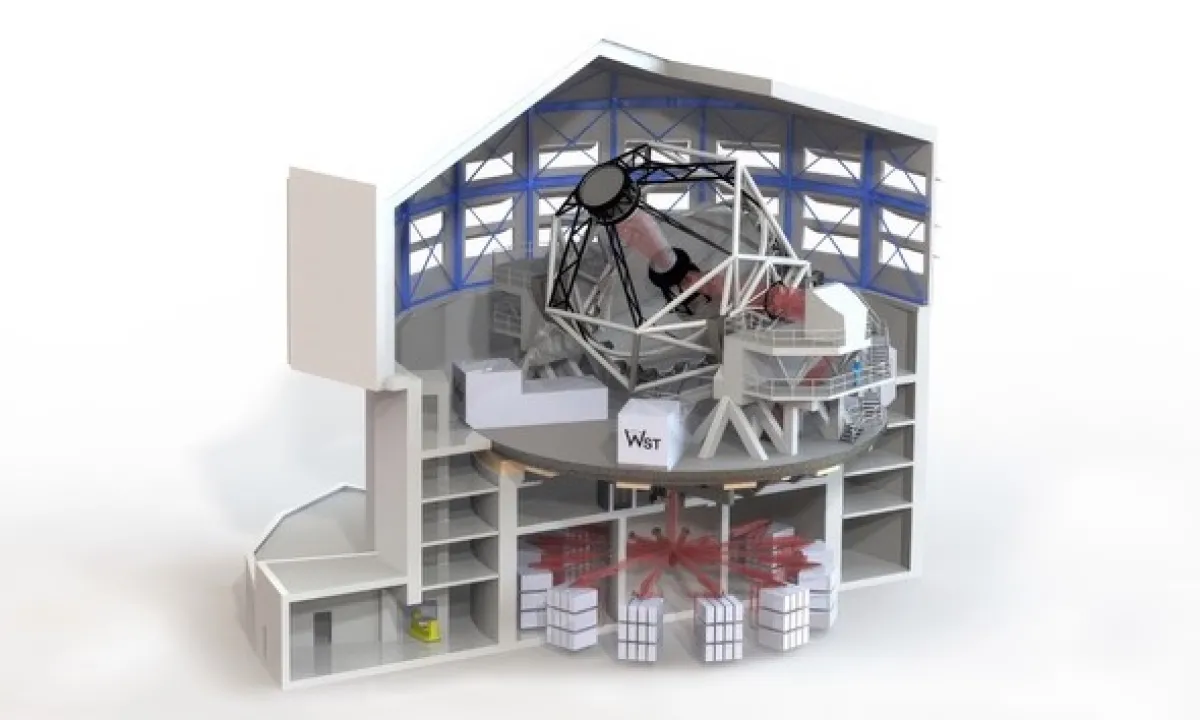 A cut away diagram of a telescope in a building