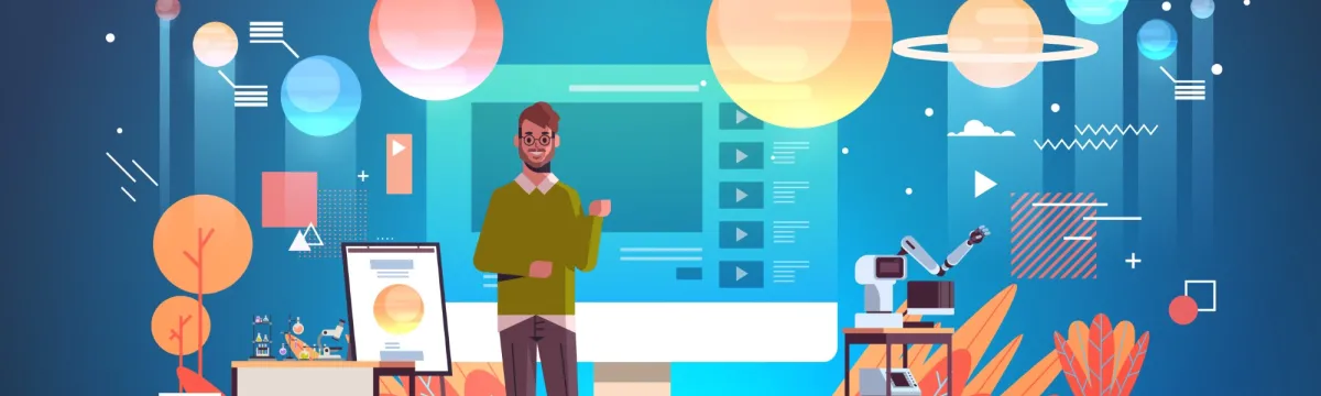 teacher blogger recording online video solar system exploration astronomy lesson blogging concept man giving educational training full length horizontal