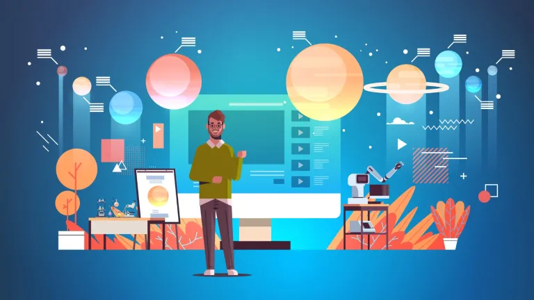 teacher blogger recording online video solar system exploration astronomy lesson blogging concept man giving educational training full length horizontal