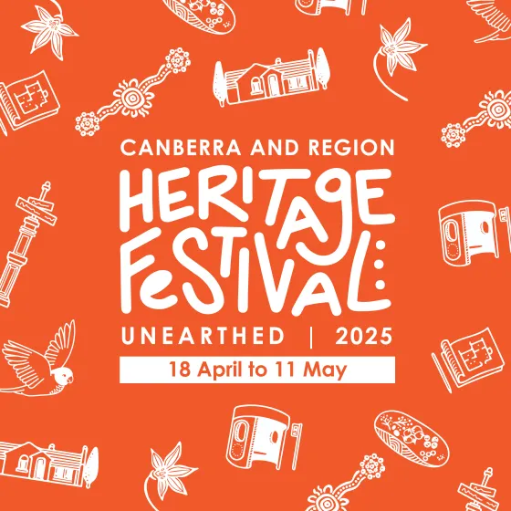 ACT heritage festival logo.  Orange background with white writing
