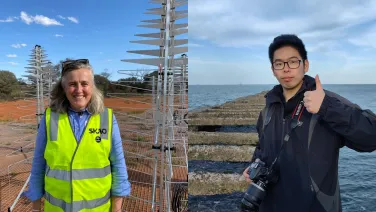 Two photos. The left photo is of Professor Naomi McClure-Griffith in front of outdoor astronomy facilities. The second photo is of Li Yusen holding a camera outside near the ocean.