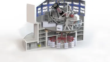 A cut away diagram of a telescope in a building